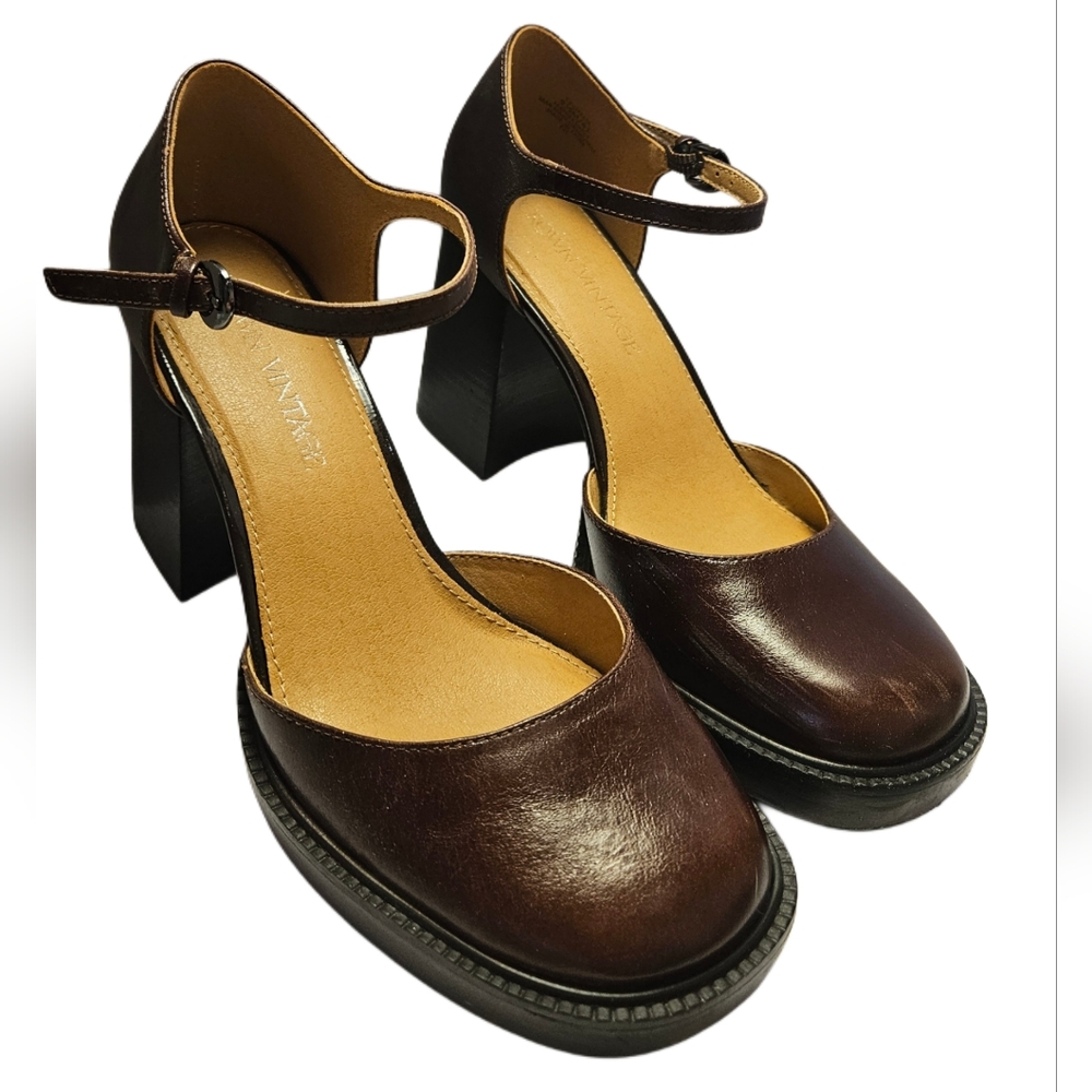 Crown Vintage US Womens 9.5 Brown Leather Chunky High Heel Mary Jane Pumps